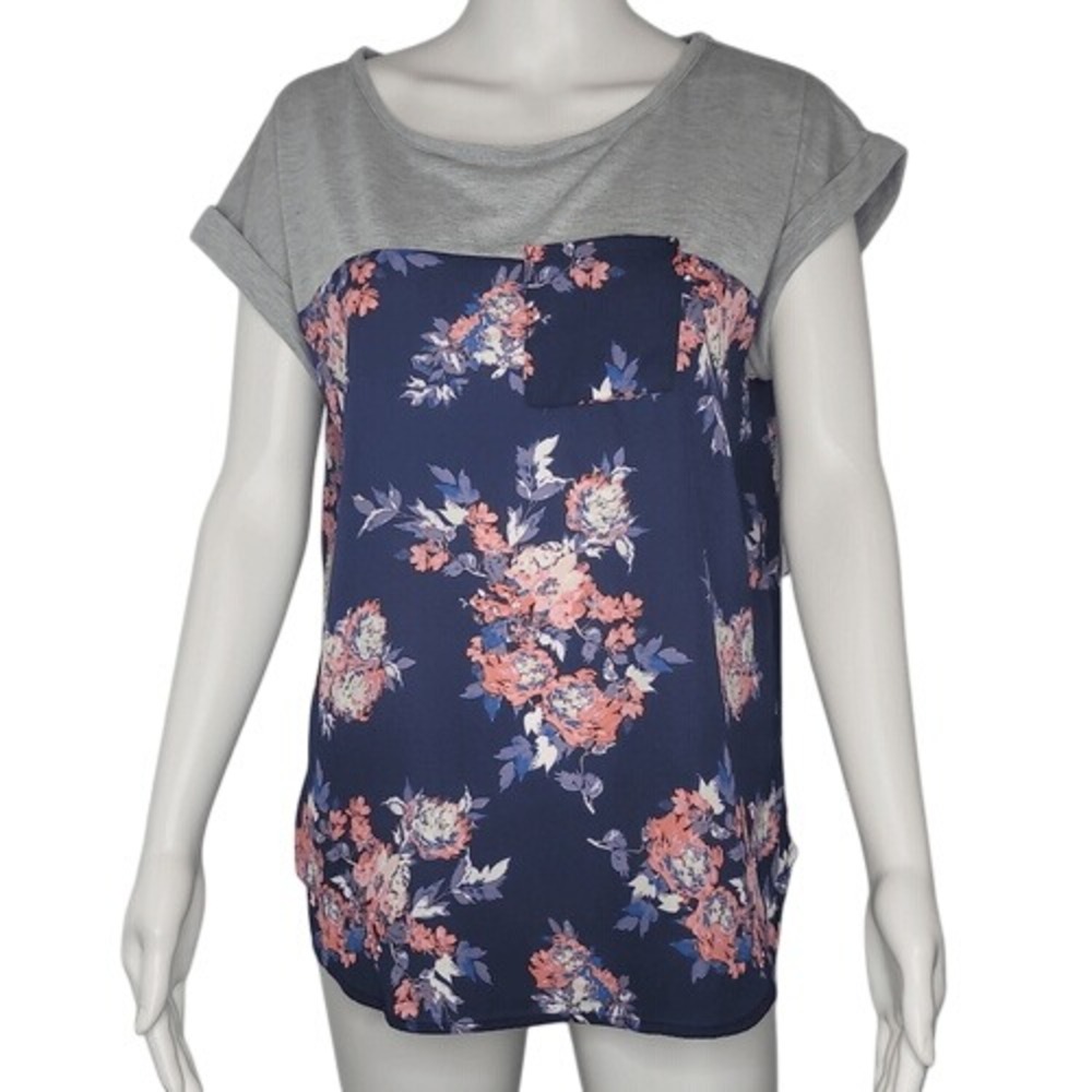 Violets & Roses Blue Floral‎ Rolled Short Sleeve Blouse